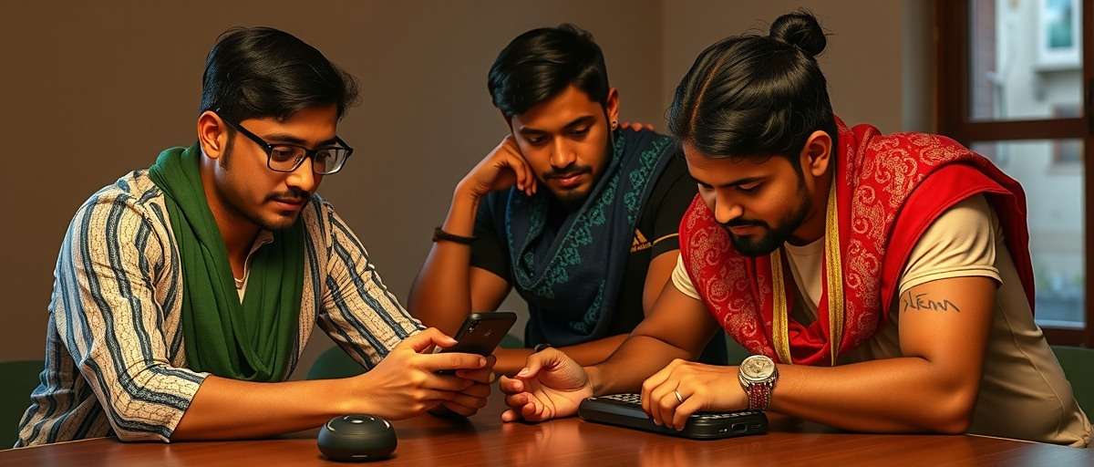 Fennel Warrior Saga Player Community Indian gamers sitting together, discussing Fennel Warrior Saga strategies on a phone