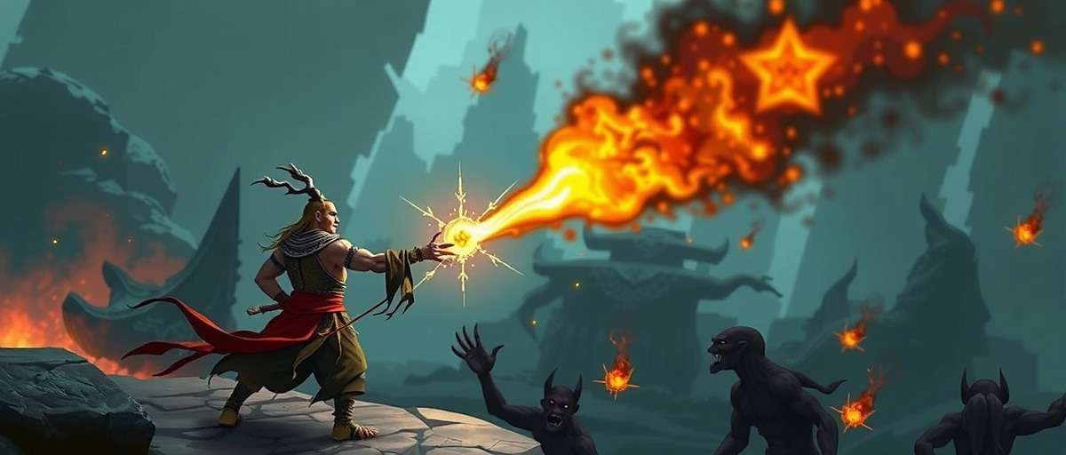 Fennel Warrior Saga Real-Time Combat Fennel Warrior Saga gameplay screenshot showing a Vedic Sage casting fire magic on demons
