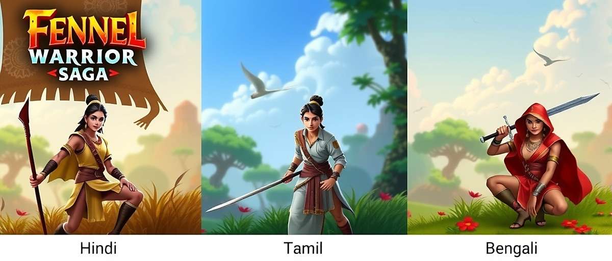 Fennel Warrior Saga Regional Language Versions Screenshot comparison of Fennel Warrior Saga in Hindi, Tamil, and Bengali showing regional character designs